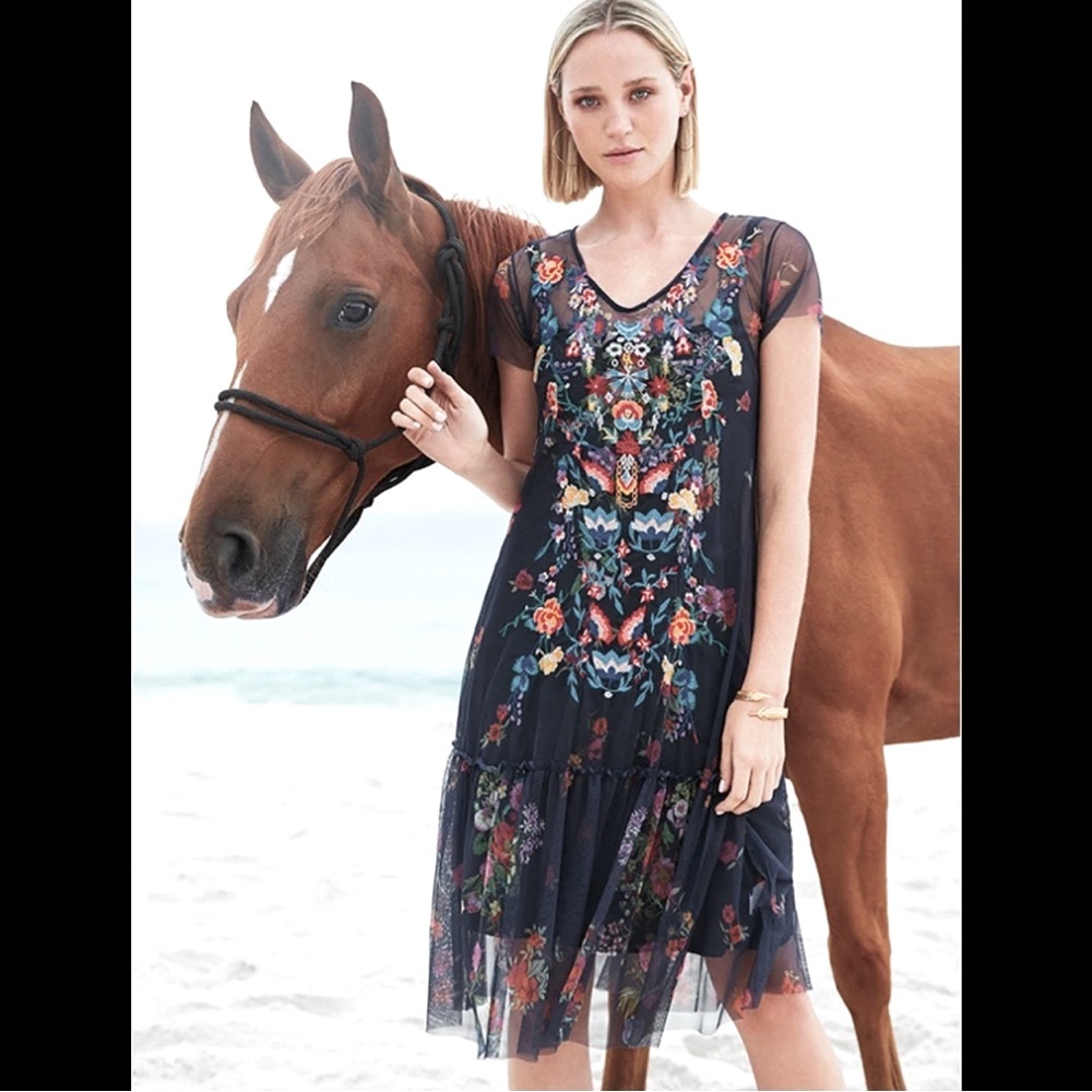 Johnny Was Biya Dress Embroidered Sheer Bohemian Dress with Matching Under Slip